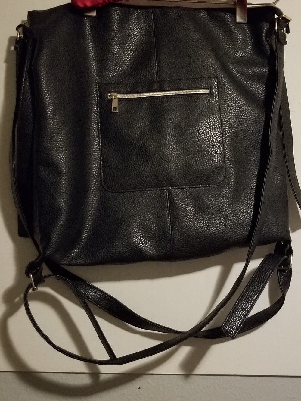 Arcadia Black Pebbled Faux-Leather Tote Backback with Front Zip Pocket